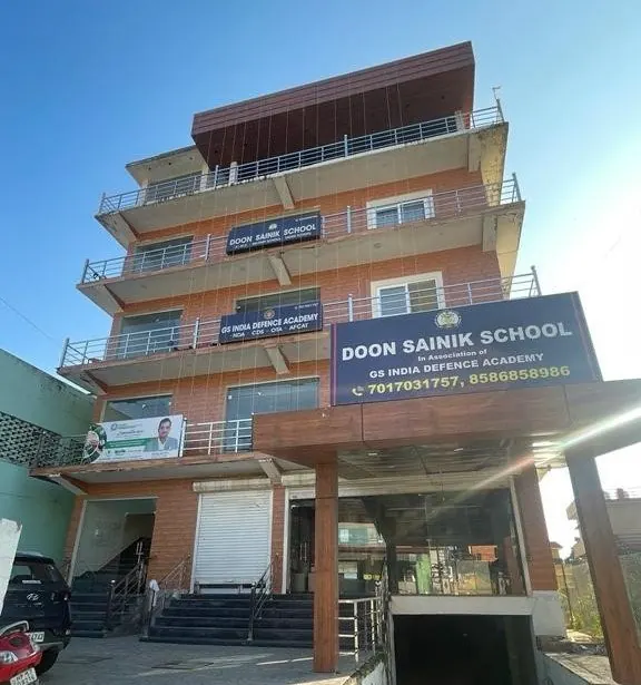 A five-storey building with balconies, an entrance canopy and a signboard above the entrance, under a clear blue sky